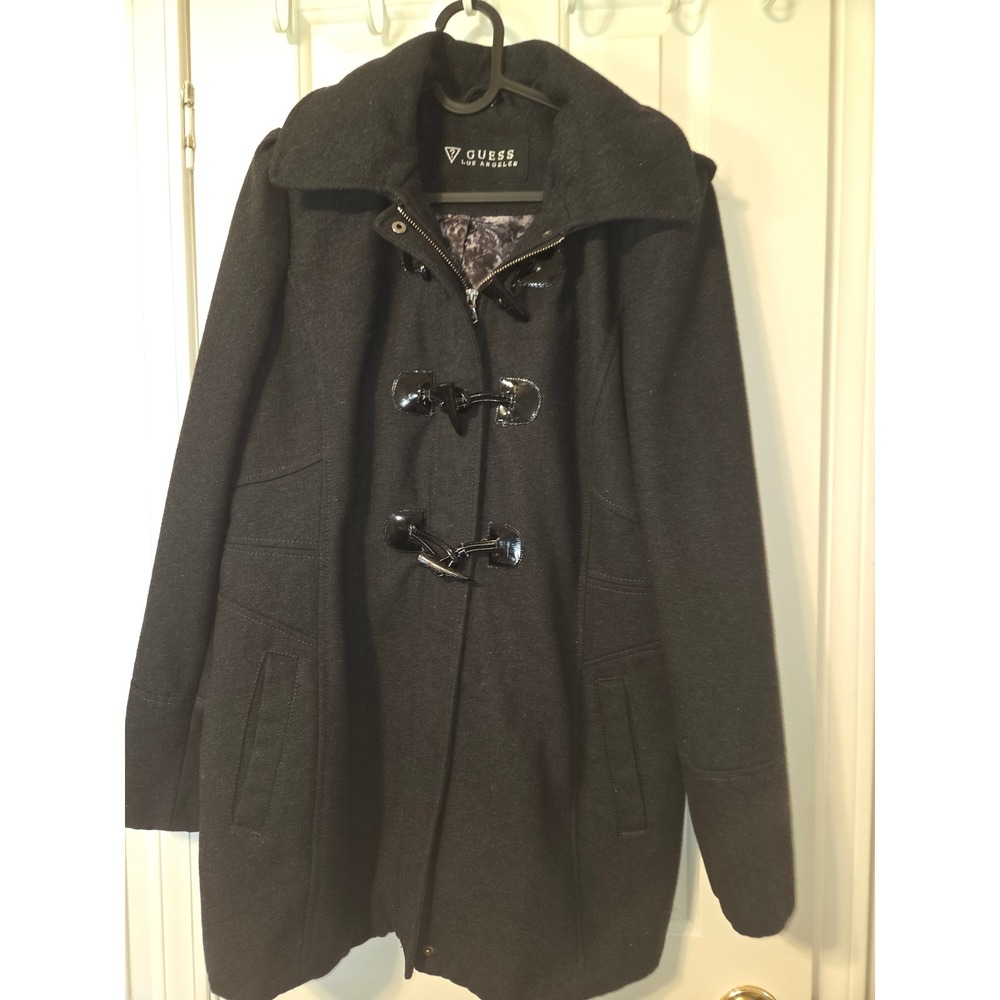 Guess Los Angeles Womens Toggle Hooded Coat Charcoal Grey Wool Blend XL